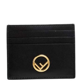 Pre Owned Fendi Black Leather F Card Holder 