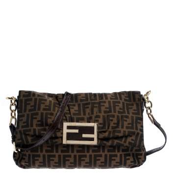 Pre Owned Fendi Tobacco Zucca Canvas Mia Flap Shoulder Bag