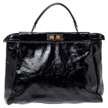 Pre Owned Fendi Black Patent Leather Large Peekaboo Top Handle Bag