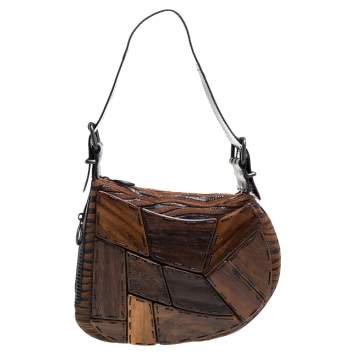 Pre Owned Fendi Brown Fabric and Lizard Wood Embellished Oyster Hobo