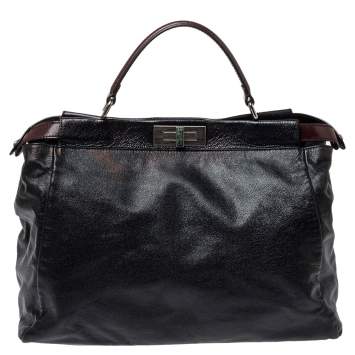 Pre Owned Fendi Black Leather With Suede And Beaded Lining Large Peekaboo Top Handle Bag