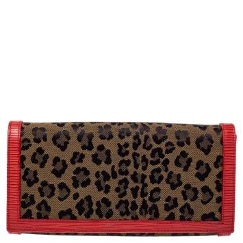 Pre Owned Fendi Brown/Red Leopard Print Canvas and Leather Continental Wallet 