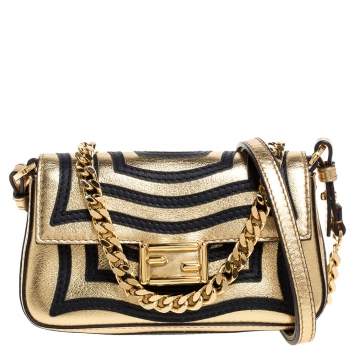 Pre Owned Fendi Metallic Gold/Black Leather Micro Appliquéd Crossbody Bag