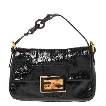 Pre Owned Fendi Black Patent Leather Baguette Shoulder Bag