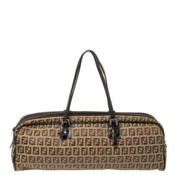 Pre Owned Fendi Brown Zucchino Canvas East West Boston Bag