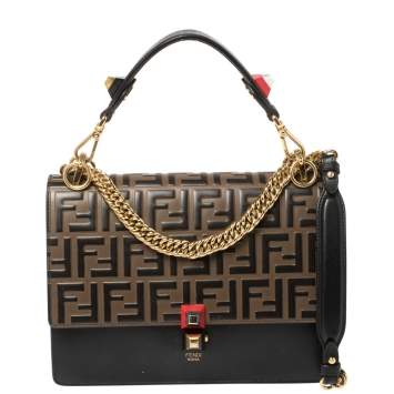 Pre Owned Fendi Black/Brown Zucca Embossed Leather Kan I Top Handle Bag