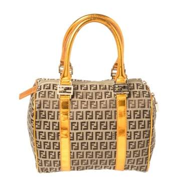 مملوكة مسبقًا Fendi Beige/Metallic Orange Zucchino Canvas and Patent Leather Small Forever Bauletto Boston Bag