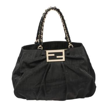 Pre Owned Fendi Black Zucca Canvas and Patent Leather Large Mia Shoulder Bag