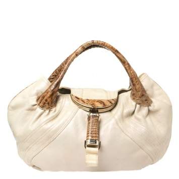 Pre Owned Fendi Light Beige Iridescent Textured Leather and Ostrich Spy Bag