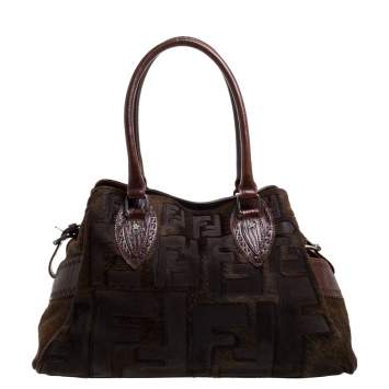Pre Owned Fendi Brown Calf Hair and Textured Leather Medium De Jour Bag