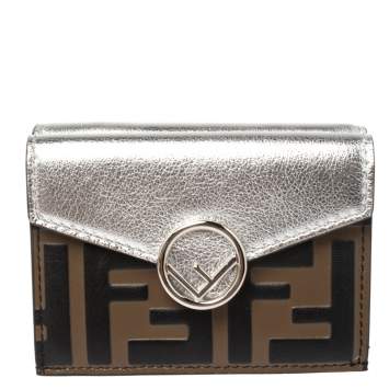 Pre Owned Fendi Silver/Tobacco Zucca Leather Micro F Trifold Wallet