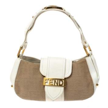 Pre Owned Fendi Beige/White Zucca Canvas and Leather Vintage Flap Baguette Shoulder Bag