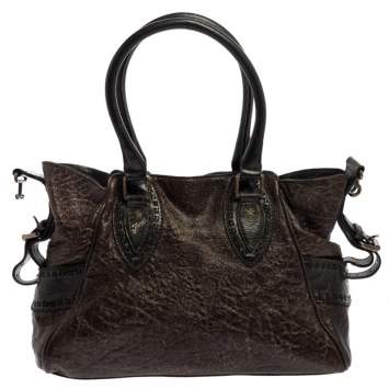 مملوكة مسبقًا Fendi Dark Brown Shimmer Leather Small Studded Chef De Jour Bag