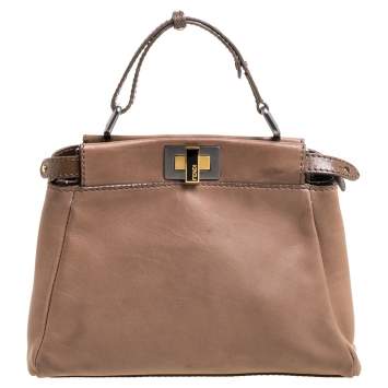 Pre Owned Fendi Beige Leather Mini Peekaboo Top Handle Bag