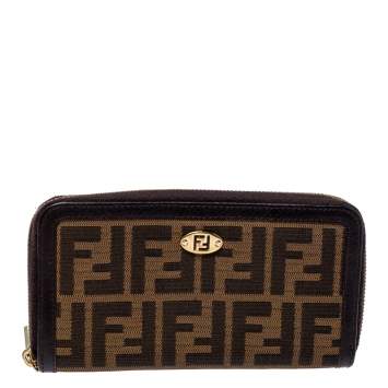 Pre Owned Fendi Tobacco Zucca Canvas and Leather Zip Around Wallet