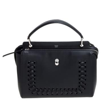 Pre Owned Fendi Black Leather Whipstitch Dotcom Top Handle Bag