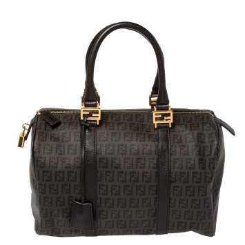 Pre Owned Fendi Brown Zucchino Coated Canvas and Leather Forever Bauletto Boston Bag