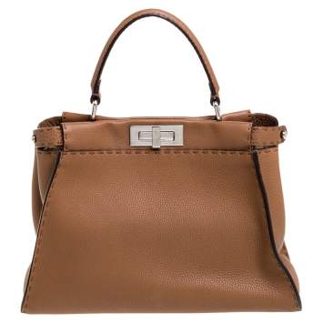 Pre Owned Fendi Brown Selleria Leather Medium Peekaboo Top Handle Bag