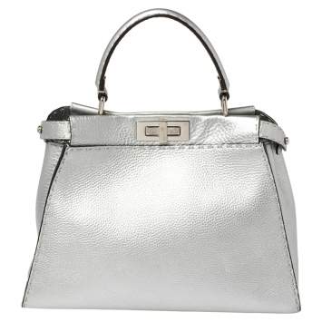 Pre Owned Fendi Metallic Silver Selleria Leather Medium Peekaboo Top Handle Bag