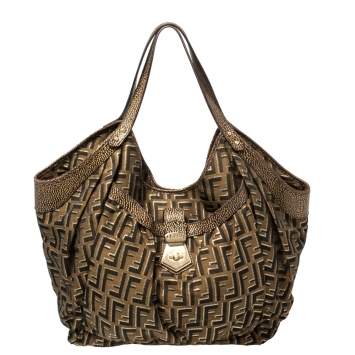 Pre Owned Fendi Tobacco Zucca Canvas and Textured Leather Chef Tote