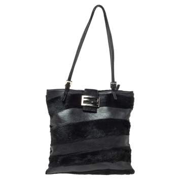 Pre Owned Fendi Black Stripe Leather and Calfhair FF Flap Tote