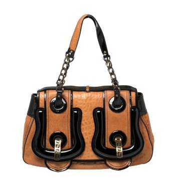Pre Owned Fendi Black/Brown Patent and Leather B Shoulder Bag
