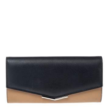 Pre Owned Fendi Beige/Black Leather Envelope Continental Wallet