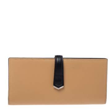 Pre Owned Fendi Beige/Black Leather Flap Continental Wallet