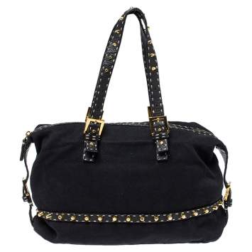 Pre Owned Fendi Black Canvas and Selleria Leather Studded Shoulder Bag