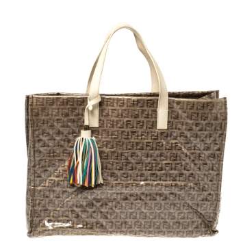 Pre Owned Fendi Beige Zucchino Quilted Canvas and PVC Tassel Tote