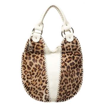 Pre Owned Fendi White/Brown Leopard Print Calfhair and Leather Whipstitch Hobo