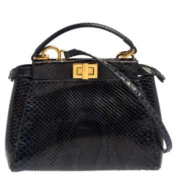 Pre Owned Fendi Blue/Black Python Mini Peekaboo Top Handle Bag