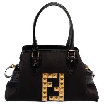 Pre Owned Fendi Black Canvas and Patent Leather Medium Studded De Jour Bag