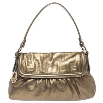Pre Owned Fendi Metallic Olive Green Zucca Embossed Leather Chef Shoulder Bag