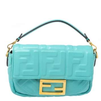 Pre Owned Fendi Light Blue FF Logo Embossed Leather Mini Baguette Bag