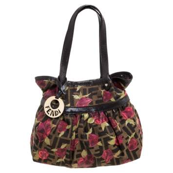 Pre Owned Fendi Tobacco/Pink Zucca Rose Print Canvas and Leather Mini Mare Bag 