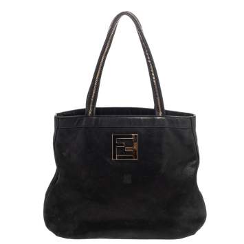 Pre Owned Fendi Black Shimmery Suede Chain Detail Handle Tote