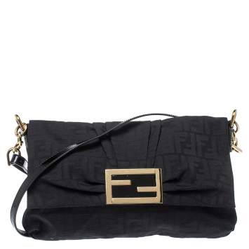 Pre Owned Fendi Black Zucca Canvas and Patent Leather Mia Crossbody Bag