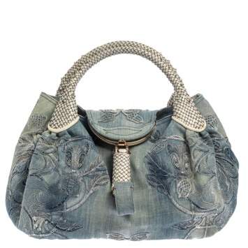 Pre Owned Fendi Light Blue Denim Embroidered Squirrel Spy Bag
