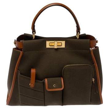 Pre Owned Fendi Olive Green/Brown Canvas and Leather Peekaboo Utility Top Handle Bag