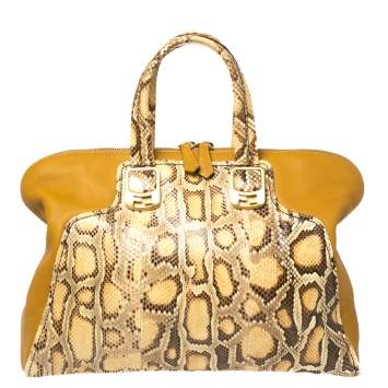 Pre Owned Fendi Yellow Honey Python and Leather Large Chameleon Satchel