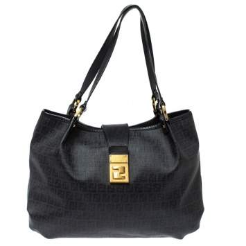 Pre Owned Fendi Black Zucchino Coated Canvas and Leather Chiusura Tote