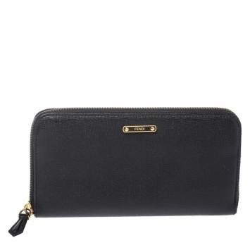Pre Owned Fendi Black Leather Elite Zip Around Wallet