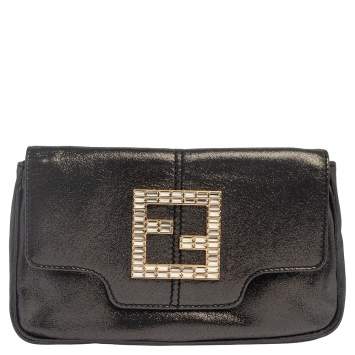 Pre Owned Fendi Grey Shimmer Leather Crystal Embellished Logo Flap Clutch