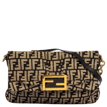Pre Owned Fendi Black/Beige Zucca Canvas Mia Crossbody Bag