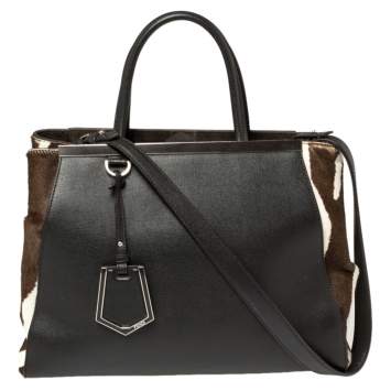 Pre Owned Fendi Dark Brown/White Leather and Calf Hair Medium 2jours Tote