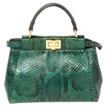 Pre Owned Fendi Green/Black Python Mini Peekaboo Top Handle Bag