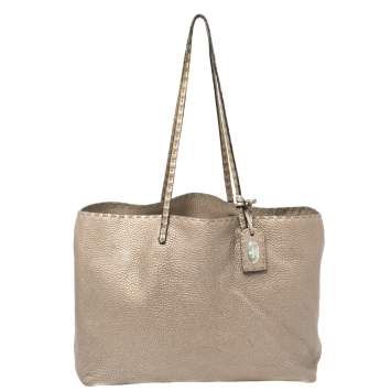 Pre Owned Fendi Metallic Silver Selleria Leather Tote 