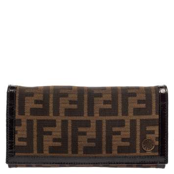 Pre Owned Fendi Tobacco Zucca Canvas and Patent Leather Flap Continental Wallet