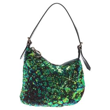 Pre Owned Fendi Green/Black Sequins and Leather Small Oyster Hobo